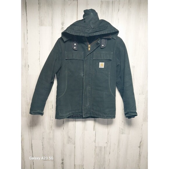 Carhartt Jacket Black Arctic Lined Heavy Canvas Chore Work Coat C03 with Hood - Picture 1 of 9